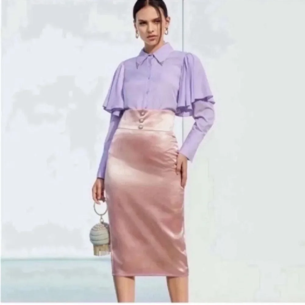 Zipper Back Button Detail Wide Waistband Split Hem Satin Skirt Size XS
